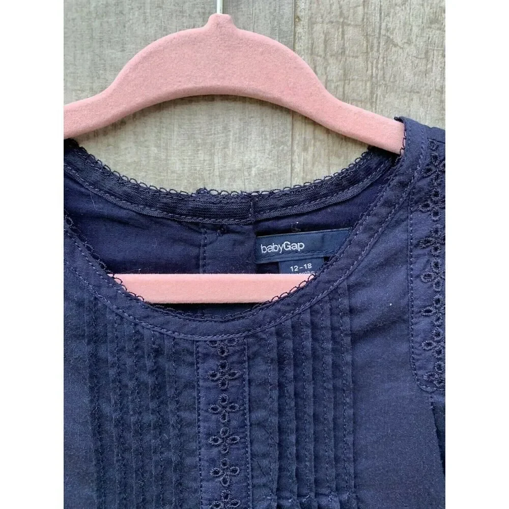 BABY GAP Girls Navy Blue Sleeveless Dress & Bloomers Outfit Set Eyelet 12-18M